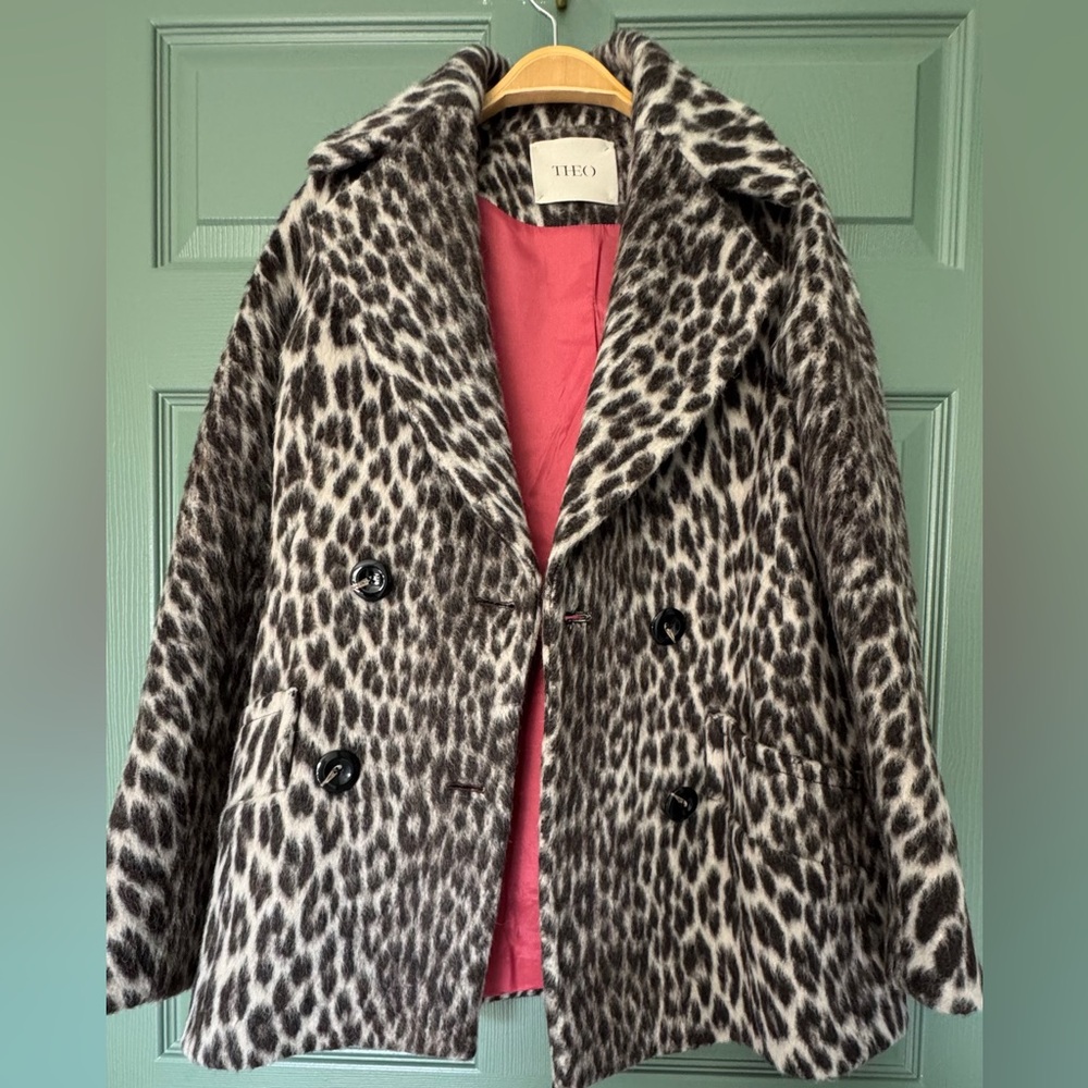 ❤️ THEO WOOL MOHAIR LEOPARD PRINT PEA COAT JACKET BLAZER VINTAGE STYLE STATEMENT